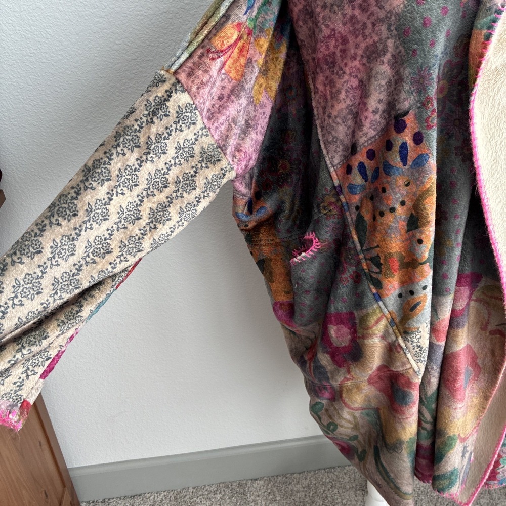 Natural Life Long Cozy Patchwork Blanket Kimono Pink Trim S/M Sherpa Lined Boho - Picture 6 of 16